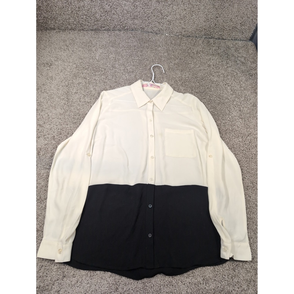 Grayson Womens Colorblock‎ Button Down Shirt Cream Black Roll Tab Sleeve Size M